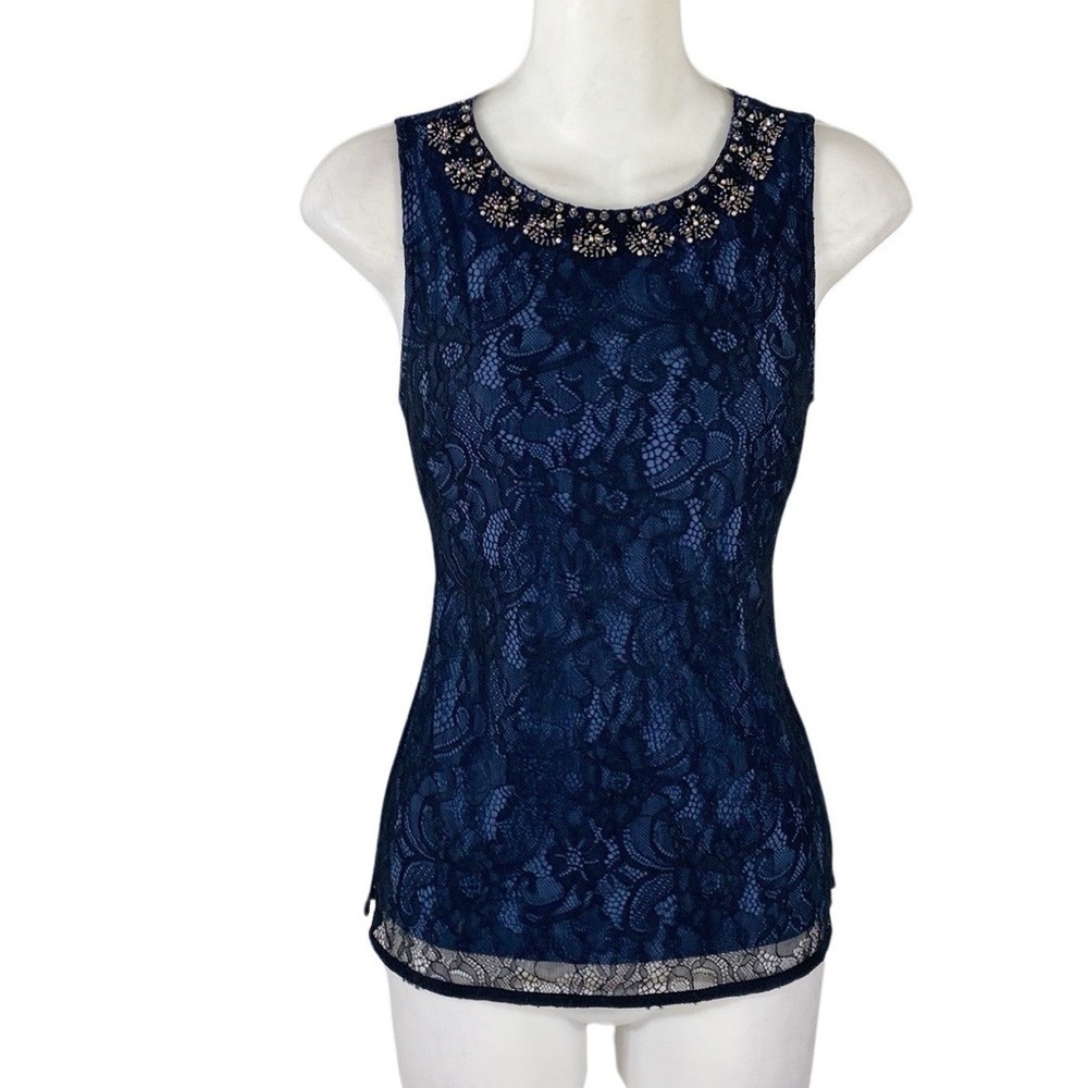 White House Black Market Blue Black Sleeveless Lace Shell Top XXS AE19 - Picture 4 of 14
